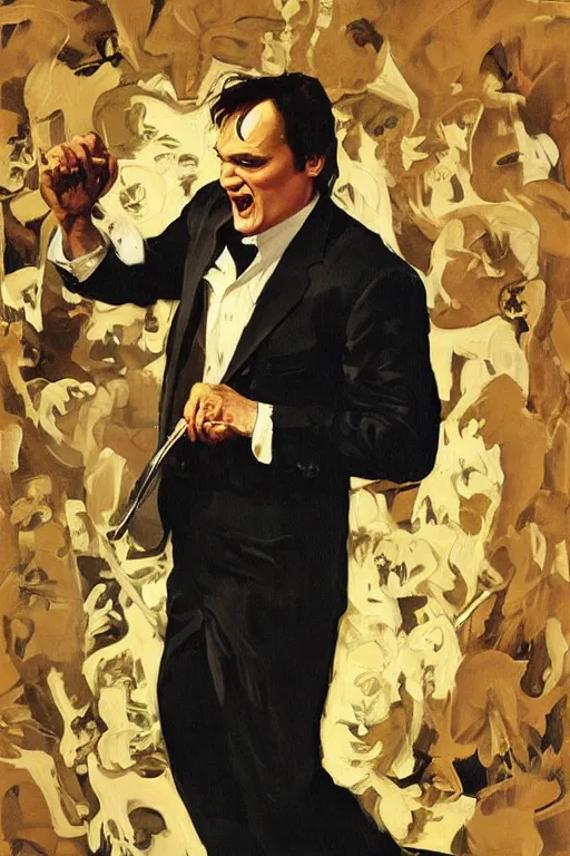 Image similar to quentin tarantino licking a foot, licking!!!!'bare feet '!!!!! painting by jc leyendecker!! phil hale!, angular, brush strokes, painterly, vintage, crisp