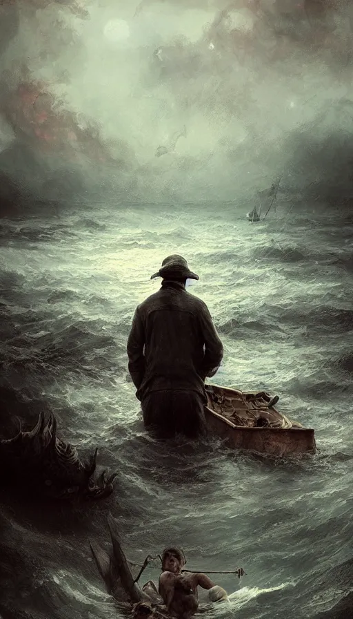 Image similar to man on boat crossing a body of water in hell with creatures in the water, sea of souls, by wlop