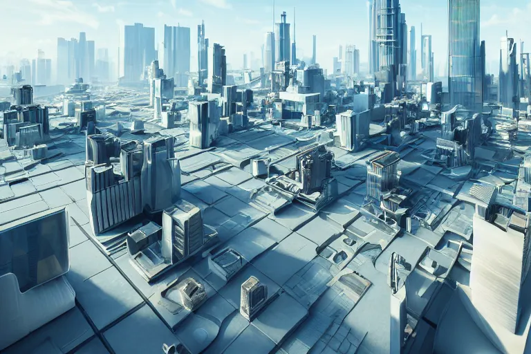 Image similar to rooftop view of a futuristic city highly detailed, photorealistic portrait, bright studio setting, studio lighting, crisp quality and light reflections, unreal engine 5 quality render