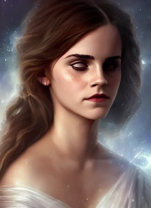 Prompt: emma watson as magic healer celestial, long hair, white and transparent cloth, D&D, shiny background, intricate, elegant, highly detailed, digital painting, artstation, concept art, smooth, sharp focus, illustration, artgerm, bouguereau