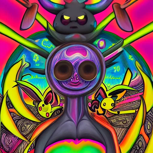 Image similar to a detailed painting of a baphomet poorly disguised as Pikachu by Junji ito and Lisa frank, mobius, giger, escher, neon color scheme, artstation,8k,artstationHD,artstationHQ, cinematic, diffuse lighting