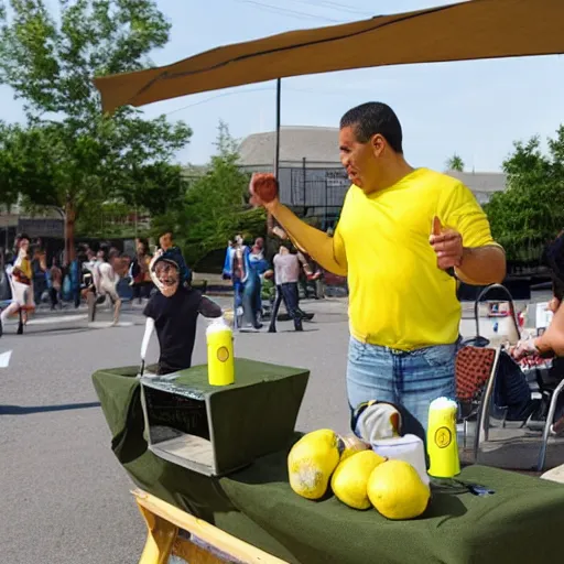 Image similar to a man roundhouse kicks a lemonade stand