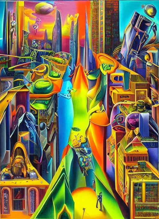 Image similar to an extremely high quality hd surrealism painting of a 3d galactic neon complimentary-colored cartoony surrealism melting optically illusiony city street by kandsky and salvia dali the second, salvador dali's much much much much more talented painter cousin, clear shapes, 8k, ultra realistic, super realistic