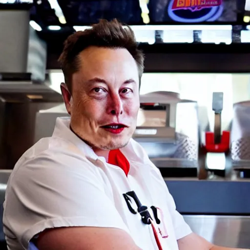 Image similar to elon musk working at burger king, elon musk working the register at a fast food restaurant