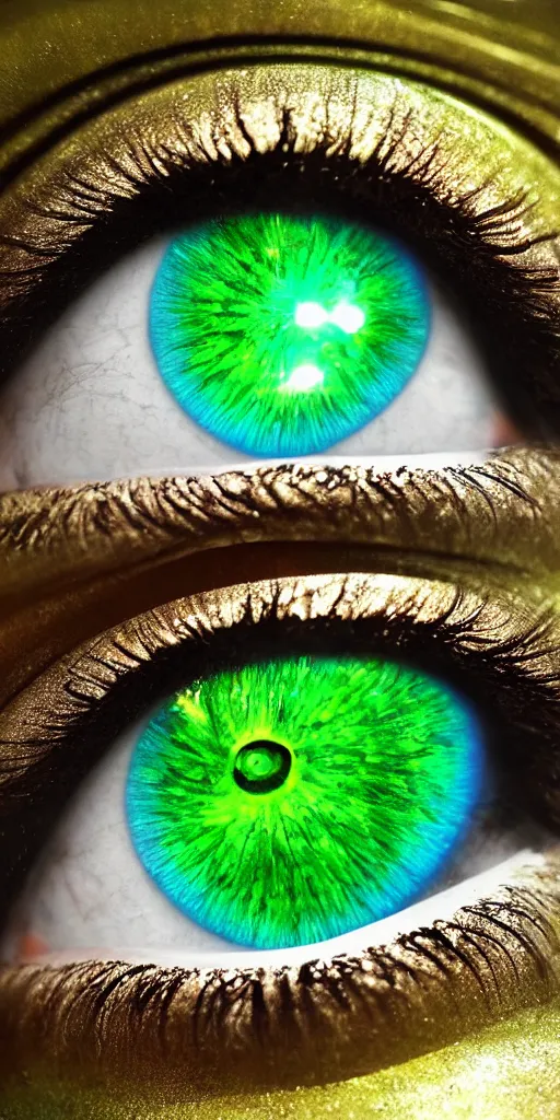 Image similar to hyper realistic photo of beautiful green eye reflecting a sky full of a billion rainbow stars, hyper realistic, fractal art, art station, coherent design, symmetrical, vivid colour, complementary colour, golden ratio, detailed, sharp lines, intricate, rainbow shift, in unreal 3 d engine, ray tracing, octane render