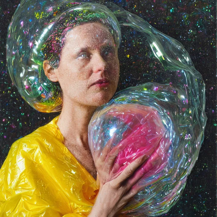 Image similar to a closeup portrait of a woman wrapped in colorful bubble wrap, standing in front of a black forest, color photograph, by vincent desiderio, canon eos c 3 0 0, ƒ 1. 8, 3 5 mm, 8 k, medium - format print