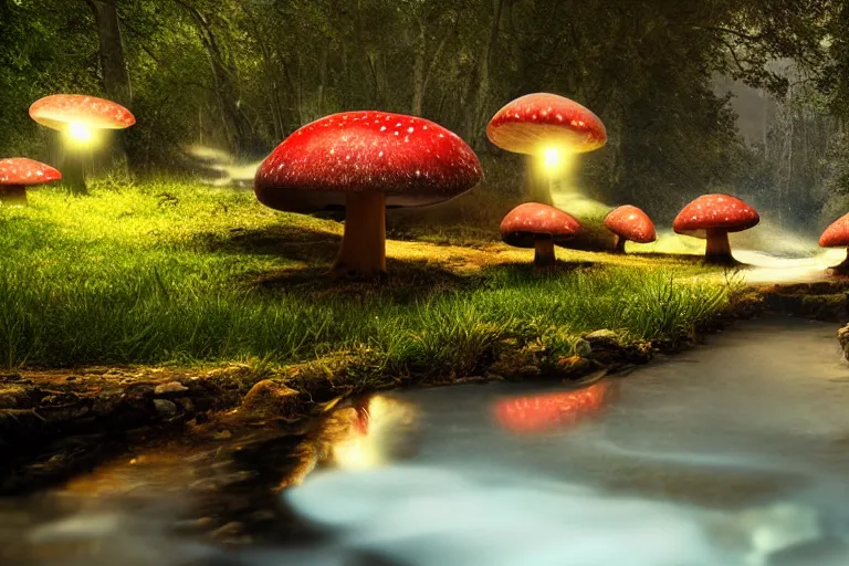 Image similar to giant mushrooms with lights next to a small bridge, flowing water, digital art, scenic,