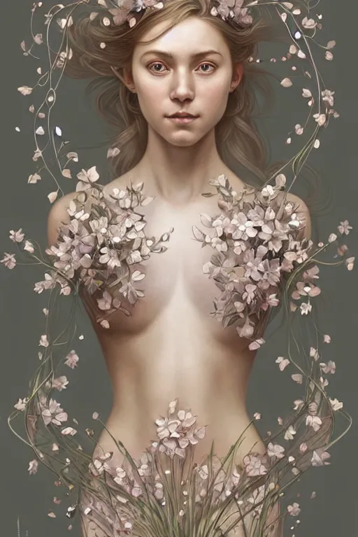 Image similar to symmetry!! full body portrait!!!! of a beautiful!!!! delicate elegant nordic shield maiden, pretty face!!!!, flower petals, intricate, elegant, highly detailed, digital painting, artstation, concept art, smooth, sharp focus, illustration, art by artgerm and greg rutkowski and alphonse mucha, 8 k