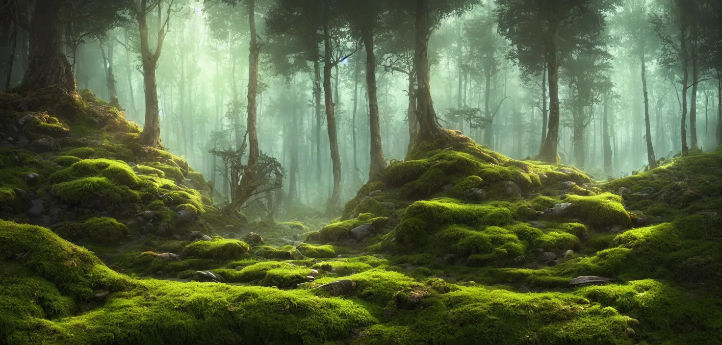 Prompt: random forest landscape, moss, incredible, vector art, octane render, fabulous, hyper detailed, random cinematic view, no noise, global illumination, warm lighting, volumetric, godrays, vivid, beautiful, style jordan grimmer