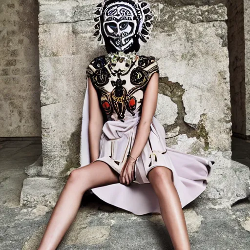 Image similar to valentino resort ss 2 0 1 7 dress with ornate mask headpiece, model lounging by cybernetic ancient ruins