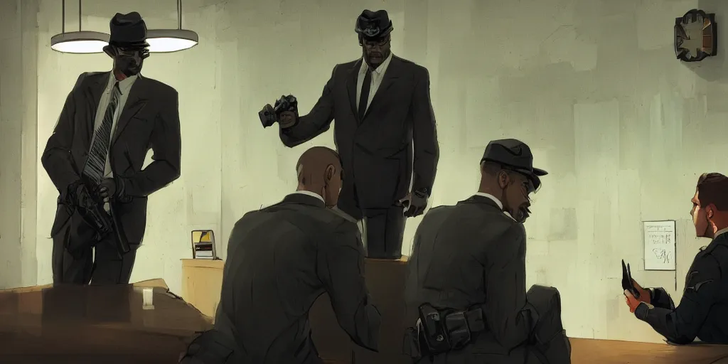 Image similar to tom in a suit is being interrogated by the officer jenkins at the police station, zenith view, warm color palette, night time, dramatic lighting, noir film, fine details, high contrast, blacksad, kim jung gi, greg rutkowski, trending on artstation, 8 k, ultra wide angle