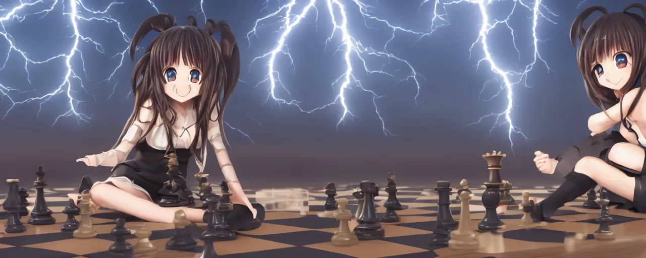 Image similar to an anime girl sitting on giant chessboard and using lightning magic, draw by belko, unreal rendering, 8 k uhd