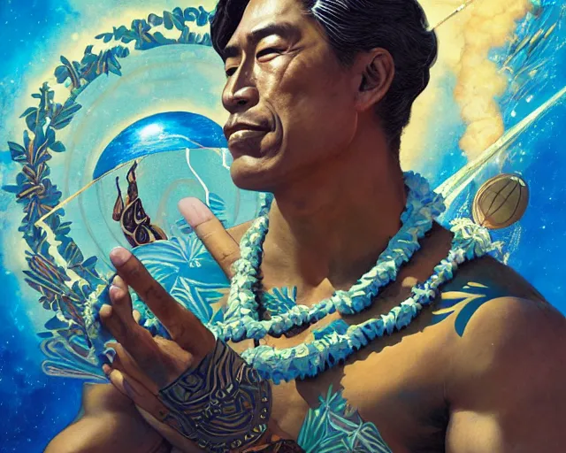 Image similar to duke kahanamoku as a hawaiian warrior surrounded by intergalactic planets connected by streams of multiversal flow, sigma male, gigachad, visually stunning, luxurious, by wlop, james jean, jakub rebelka, tran nguyen, peter mohrbacher, yoann lossel