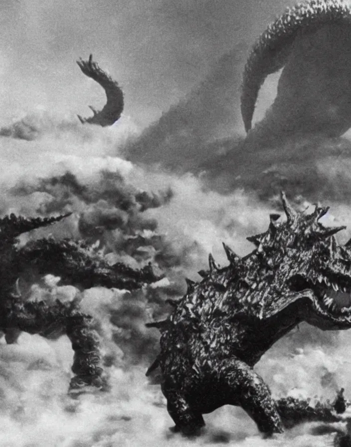 Image similar to a filmstill of a north korean monster movie, kaiju - eiga monster with starfish - arms trampling a traditional korean palace, foggy, film noir, epic battle, etheral, explosions, communist propaganda, communist epic thriller produced by kim jong - il, cinematography by akira kurosawa and tim burton, video compression