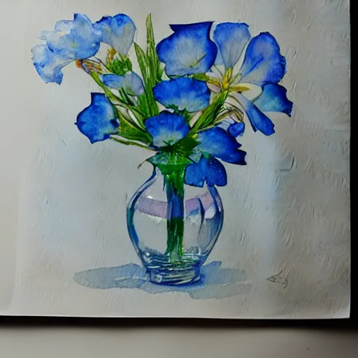 Prompt: water color painting of a blue flower in a glass vase by a window with sunlight shining in drawn by James Jean - n 9