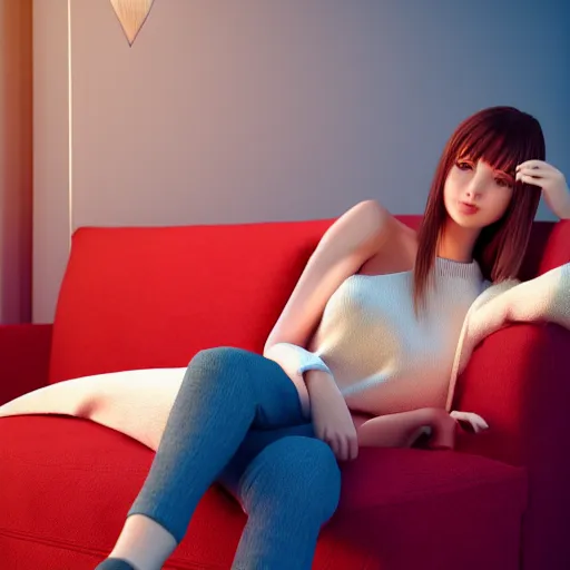 Image similar to 3 d render of a cute thin young woman, red blush, wearing casual clothes, small smile, relaxing on a couch, cozy under a blanket, cozy living room, medium shot, 8 k, octane render, trending on artstation, art by artgerm, unreal engine 5, hyperrealism, hyperdetailed, ultra realistic