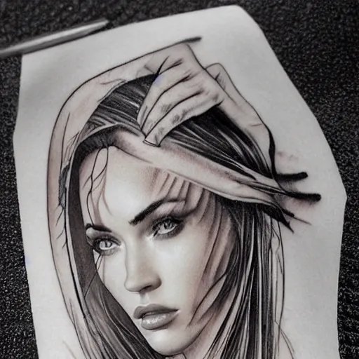 Image similar to double exposure tattoo design sketch of megan fox with beautiful mountain scenery, realism tattoo, in the style of den yakovelev, amazing detail, sharp