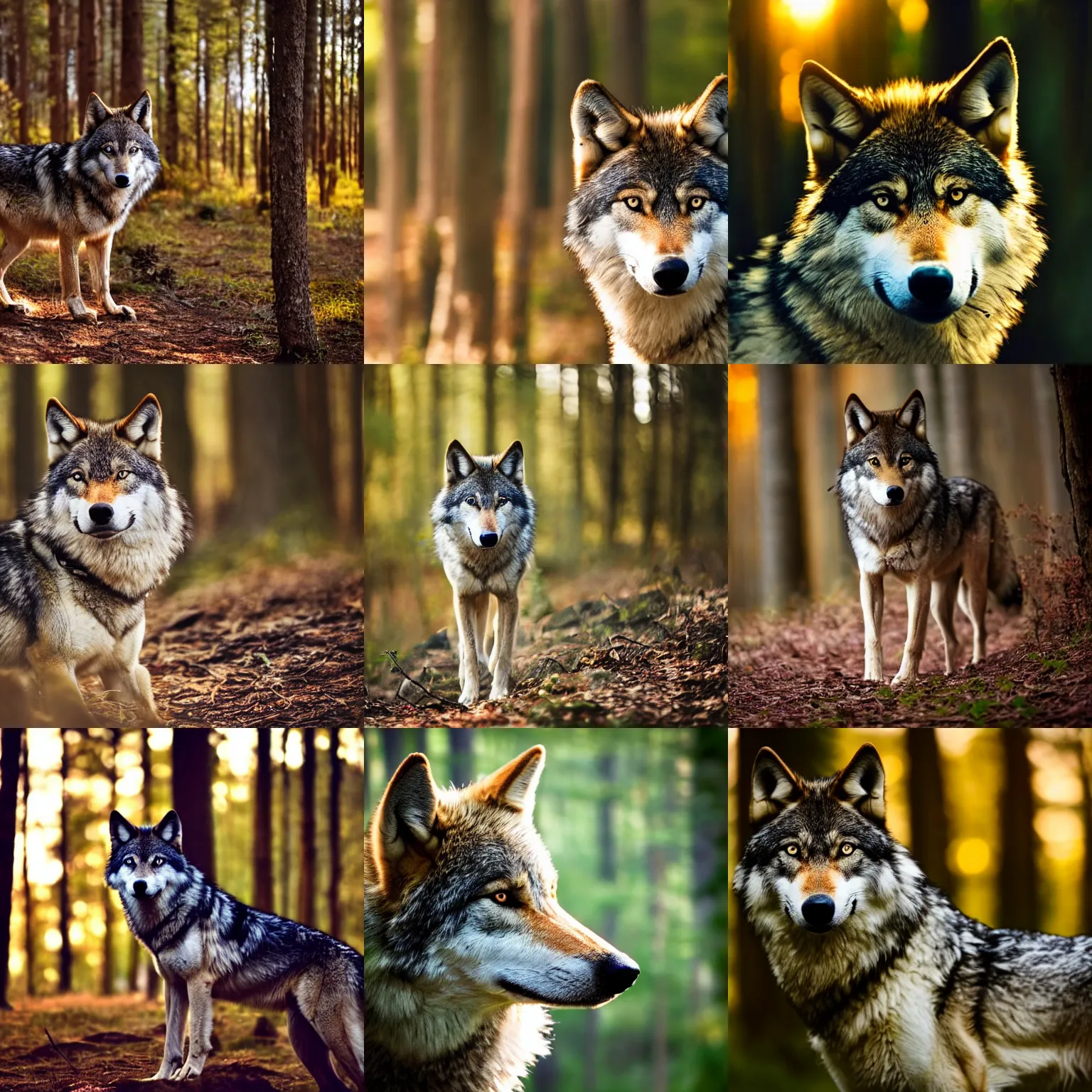 Prompt: a portrait photograph of a wolf in the forest, f / 1 1 bokeh depth of field, soft golden hour lighting