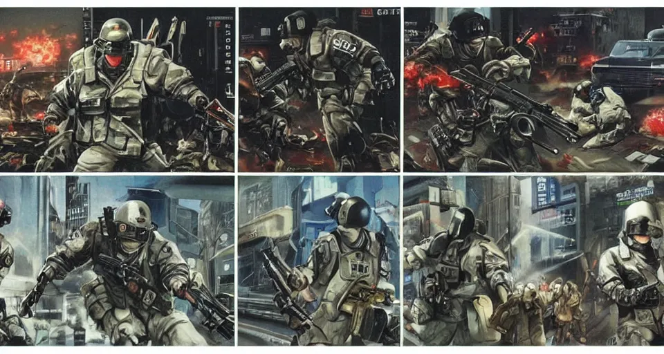 Prompt: 1996 Video Game Concept Art for Neo-tokyo Cyborg bank robbers vs police, Set inside of Office, Multiplayer set-piece Ambush, Tactical Squads :10, Police officers under heavy fire, Suppressive fire, Pinned down, Destructible Environments, Gunshots, Headshot, Bullet Holes and Anime Blood Splatter, :10 Gas Grenades, Riot Shields, MP5, AK45, MP7, P90, Chaos, Anime Machine Gun Fire, Gunplay, Shootout, :14 FLCL + Akira, Cel-Shaded:15, Created by Katsuhiro Otomo + Studio Gainax + Trending on Artstation: 20