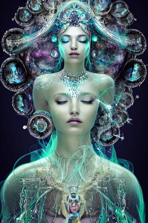 Prompt: a centered render of an mystical wild goddess with wearing ornate silver and gemstones and crystal clothing surrounded by flowing liquid gallium jellyfish and sacred geometry, perfect body and face, gorgeous, cinematic, beautifully lit, by alberto seveso, by zack snyder, by cory loftis, 3 d, trending on artstation, octane render, 8 k