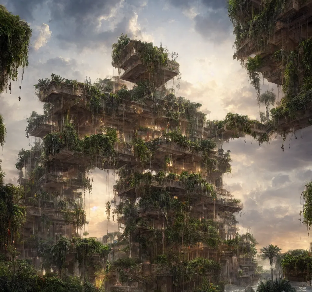 Prompt: 3 d render of the hanging gardens of babylon by greg rutkowski, waterfals, reflective water, cgsociety, hyperdetailed, dramatic, epic painting, sunset clouds, 8 k