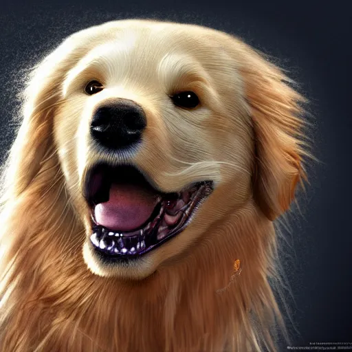 Image similar to portrait of a fluffy golden retriever dog, happy with his mouth open, D&D, fantasy, intricate, cinematic lighting, highly detailed, digital painting, artstation, concept art, smooth, sharp focus, illustration, art by Generate Labs and Kenichi Nishida