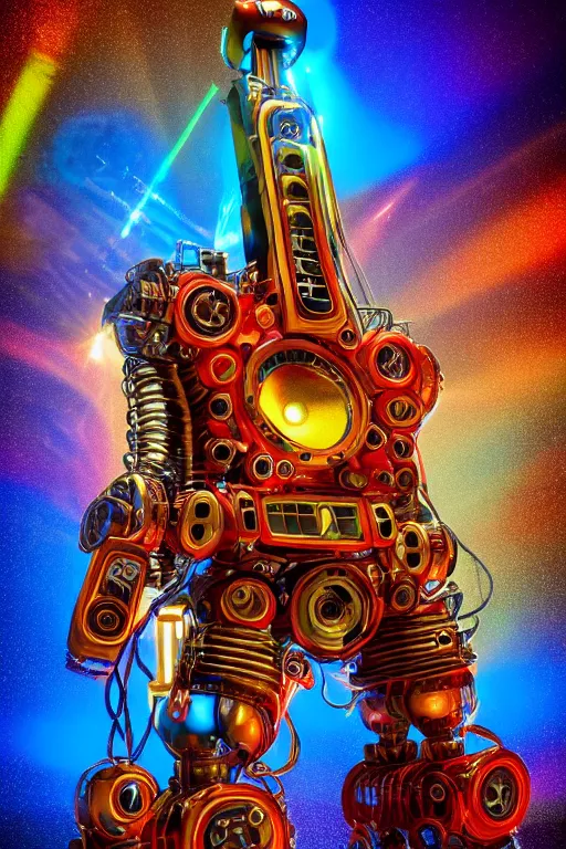 Image similar to portrait photo of a giant huge golden and blue metal futuristic steampunk robot with a red guitar covered with multicolored big gears and tubes, eyes are glowing red lightbulbs, shiny crisp finish, 3 d render, 8 k, insaneley detailed, fluorescent colors, background is multicolored lasershow