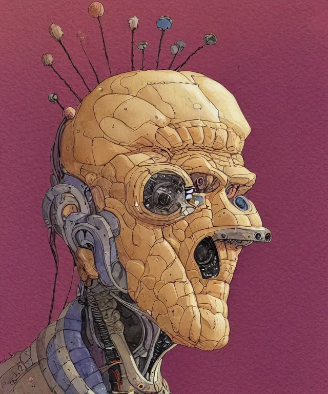 Image similar to a watercolor painting character portrait of a machine mutant in the style of jean giraud in the style of moebius trending on artstation deviantart pinterest detailed realistic hd 8 k high resolution