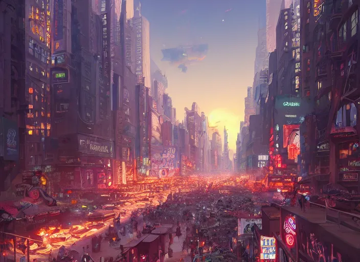 Image similar to chaos in the street of new york, unreal engine, fantasy art by greg, loish, rhads, ferdinand knab, tom bagshaw, makoto shinkai and lois van baarle, rossdraws, ilya kuvshinov, night lighting, trending on studio ghibli, highly detailed, 8 k, octane render