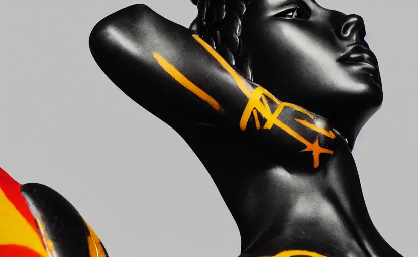 Image similar to close up portrait of extremely beautiful female black marble statue in the style of virgil abloh, colorful motocross logos behind her, sharp focus, clear, detailed,, cinematic, detailed, off white, glamourous, symmetrical, vogue, editorial, fashion, magazine shoot, glossy