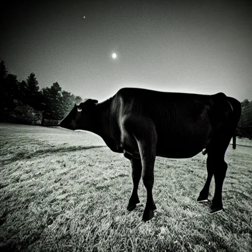 Prompt: ultra - realistic close - up of creepy cow at night, fish - eye - lense, disturbing horror photo