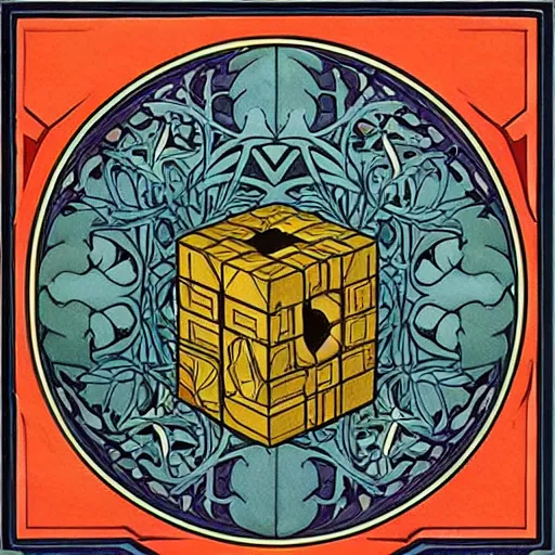 Image similar to beautiful art nouveau painting of companion - cube!!!!!!!!!!!!!!!!! companion - cube!!!!!!!!!!!!!!!!!, by william morris, gaudy colors. intricate linework. sharp edges.