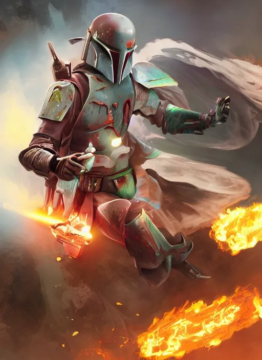 Image similar to arcane wizard x boba fett, 3 d digital art, character mashup, epic volumetric lighting, combination art, photorealistic