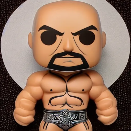 Image similar to TechnoViking male with no shirt, large muscles, bald head, extended goatee, necklace chibi Funko Pop