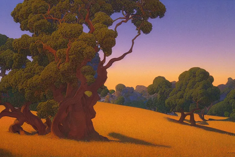 Prompt: masterpiece painting of oak trees along the ridge at dawn, by a. j. casson and john watkiss and edward okun and maxfield parrish and albert namatjira
