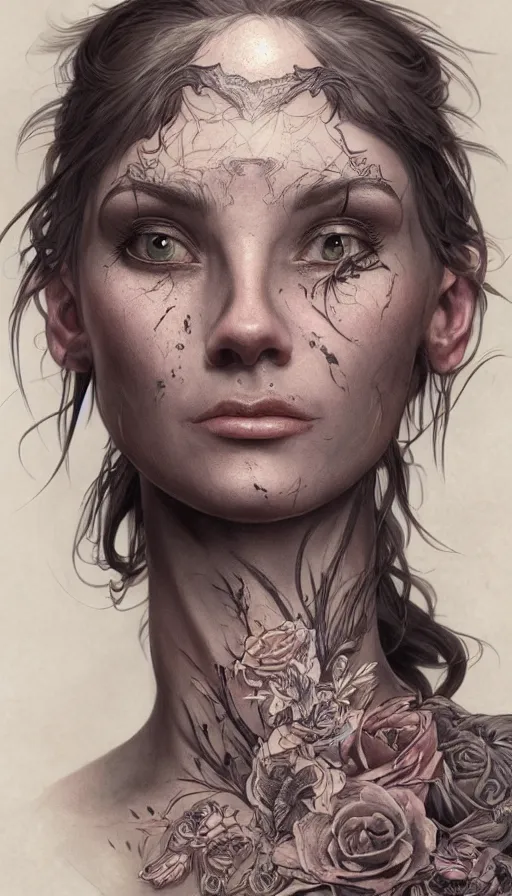 Prompt: tattooed lady, sweaty, insane, intricate, highly detailed, digital painting, artstation, concept art, smooth, sharp focus, illustration, Unreal Engine 5, 8K, art by artgerm and greg rutkowski and alphonse mucha