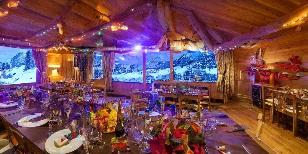 Prompt: Playrix Fishdom event room, chalet lit by garlands in the mountains on a winter night