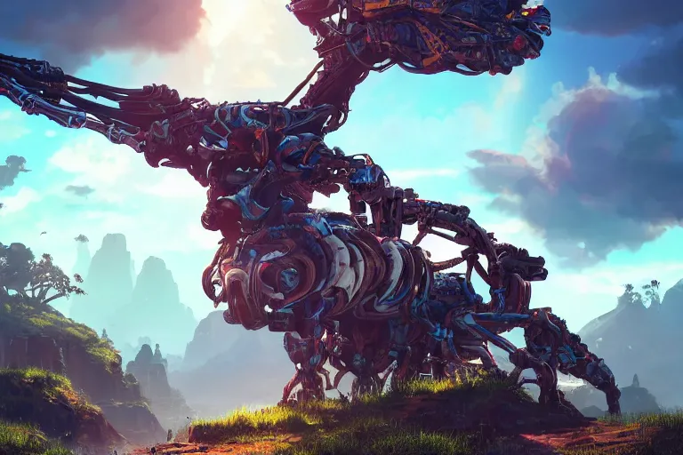 Image similar to tallneck machine mecanical creature robot of horizon forbidden west horizon zero dawn bioluminiscence global illumination ray tracing hdr fanart arstation by ian pesty and alena aenami artworks in 4 k