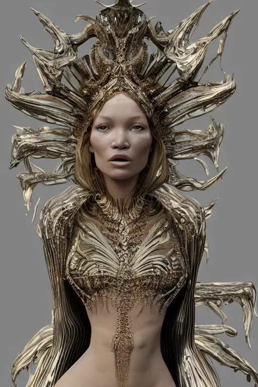 Image similar to a highly detailed medium shot 8 k render portrait of an alien goddess young kate moss in iris van herpen dress schiaparelli in diamonds and jewelry in style of alphonse mucha trending on artstation made in unreal engine 4