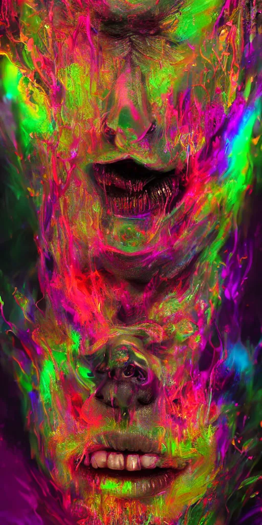 Image similar to impossibly beautiful portrait, dapper dream demon, bad trip, insane smile, intricate complexity, surreal horror, inverted neon rainbow drip paint, trending on art station, photoreal, 8 k, octane render by greg rutkowski