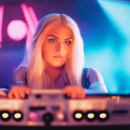 Image similar to A young, blonde-haired woman with soft facial features and blue eyes, 35mm photograph, neon lights in the background, DJing at coachella