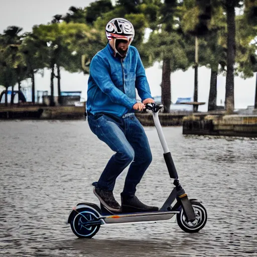 Image similar to A seagull on too of the the head of a man, the man is riding an electric scooter, he has a seagull on his head