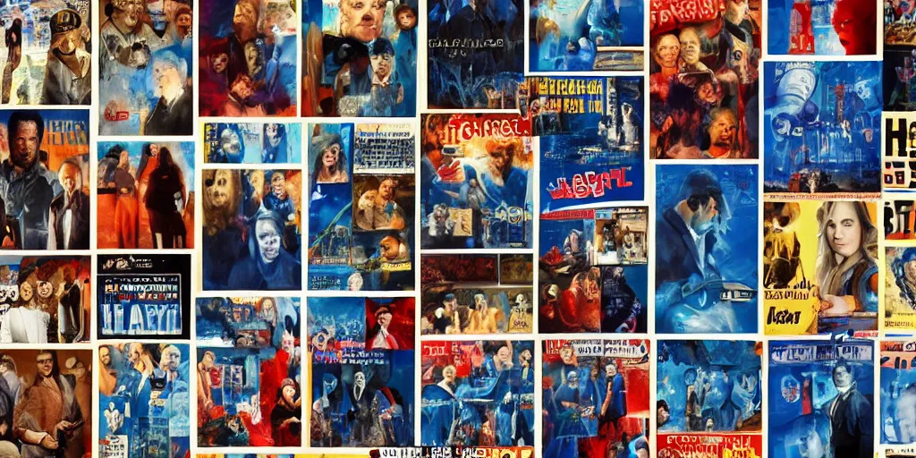 Prompt: oil painting collage of tv show posters on a wall, with blue themes, messy, highly detailed, stylized