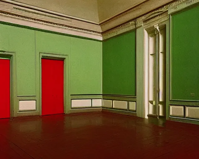 Prompt: city sized clay sculpture in a huge room. a green red and black painting by Magritte