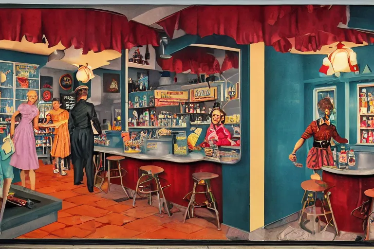 Prompt: a 1 9 5 0 s soda shoppe where a young teenage girl punk and a massive dnd pit fiend devil diablo, gorthalax the insatiable, drink milkshakes together, vintage gnostic horror, high detail gouache painting inspired by norman rockwell and alex ross and edward hopper.