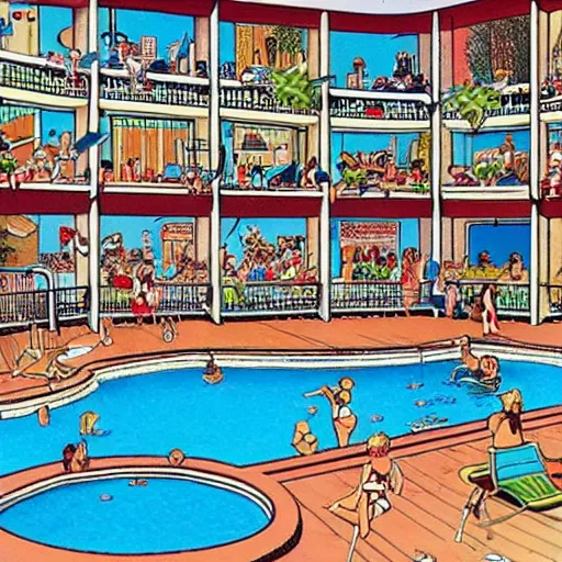 Image similar to where's waldo book page highly detailed, swimming pool setting