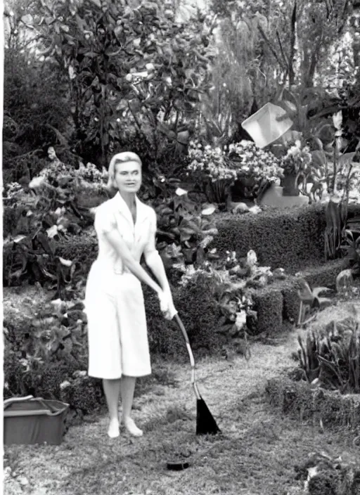 Image similar to a grainy film photo of Grace Kelly gardening, take with a Kodak Brownie Camera