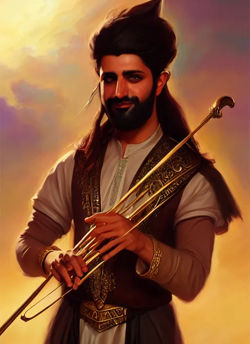 Prompt: a _ fantasy _ style _ portrait _ painting _ of arabian male charismatic bard playing instrument, rpg dnd oil _ painting _ unreal _ 5 _ daz. _ rpg _ portrait _ extremely _ detailed _ artgerm _ greg _ rutkowski _ greg