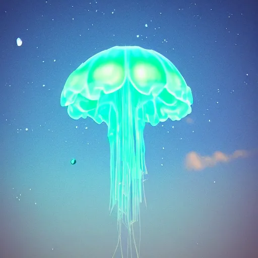 Image similar to sky jellyfish, nighttime color show, glowing jellyfish, flying sky color jellyfish, raytracing, volumetric lighting, lighting high quality 3D render trending on artstation