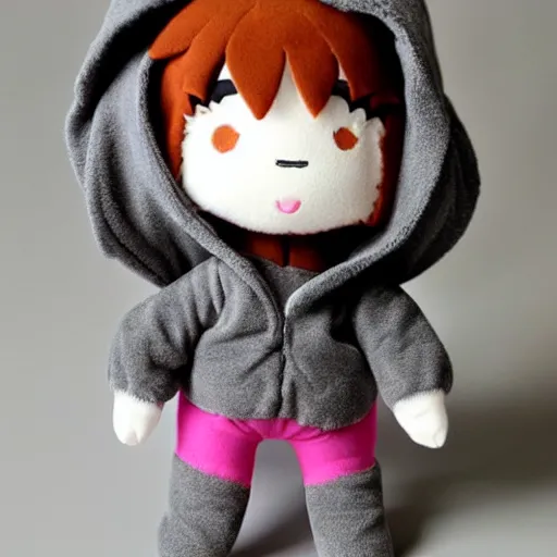 Image similar to cute fumo plush of a casually dressed girl in a grey hoodie
